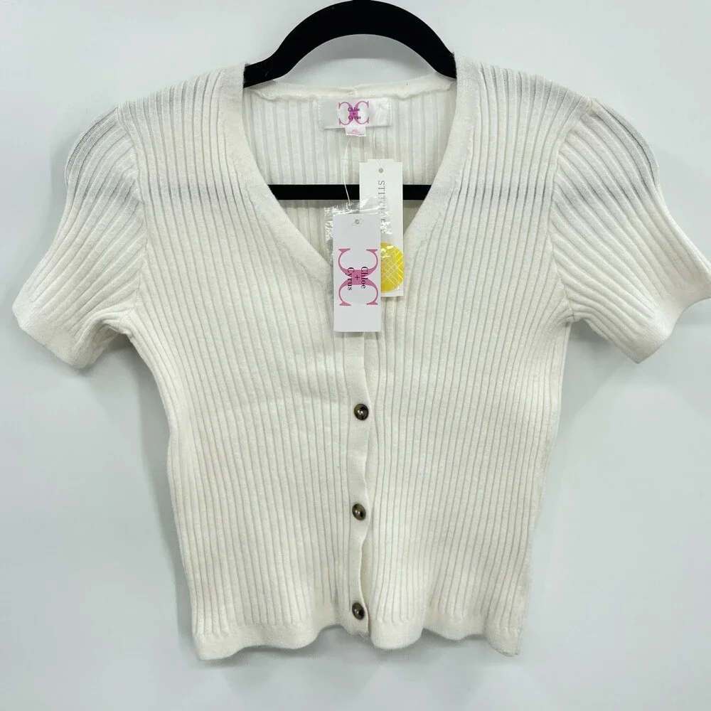 NWT CHLOE + CYRUS Cream White Ribbed Stretch Button Cardigan Sweater Size XL
